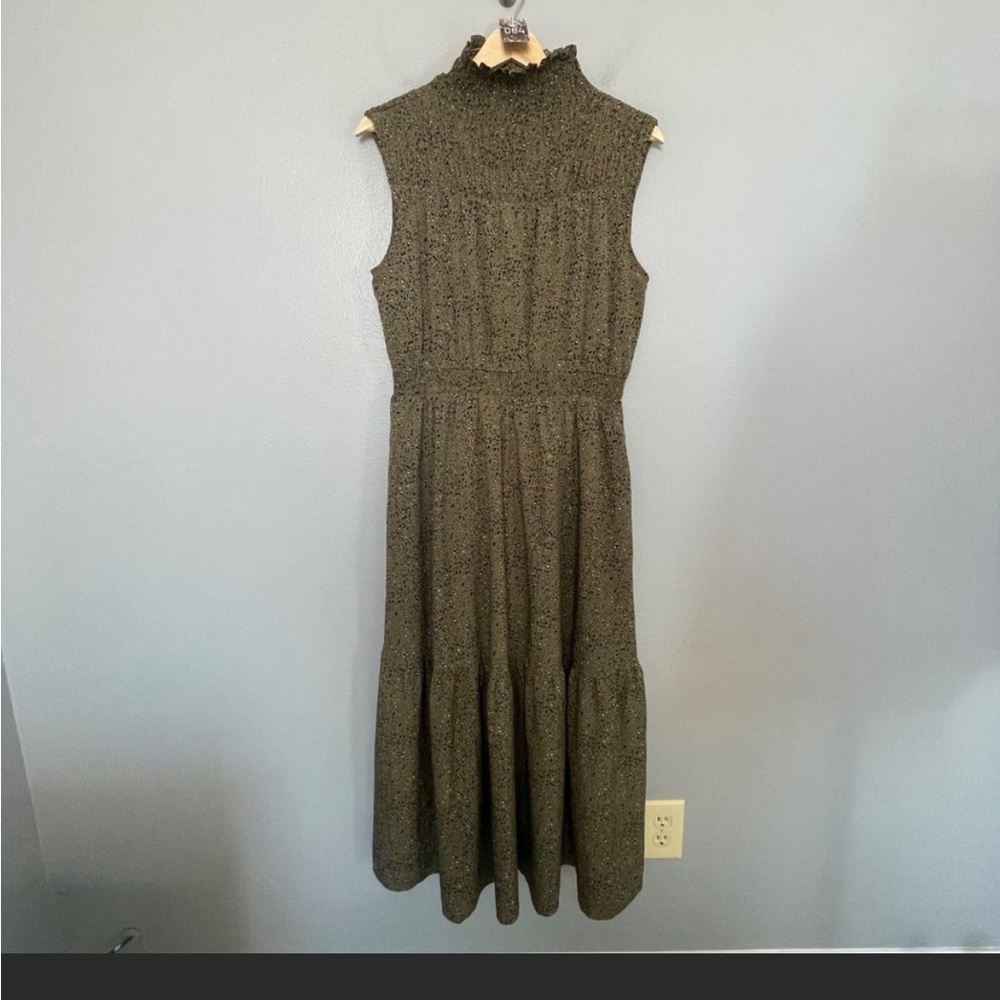 084 - THML olive leopard print smocked high neck maxi dress size M